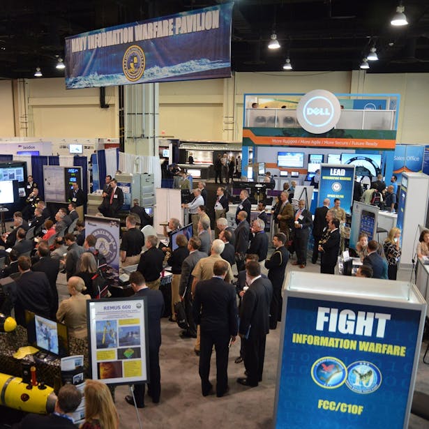 Rear Adm. Matthew J. Kohler, Commander, Naval Information Forces (NAVIFOR) spoke to a group of more than 100 on May 17 at the Sea-Air-Space “Global Maritime Expo," at the Gaylord National Resort and Convention Center in National Harbor, Md. (U. S. Navy photo by Robert Fluegel / Released)