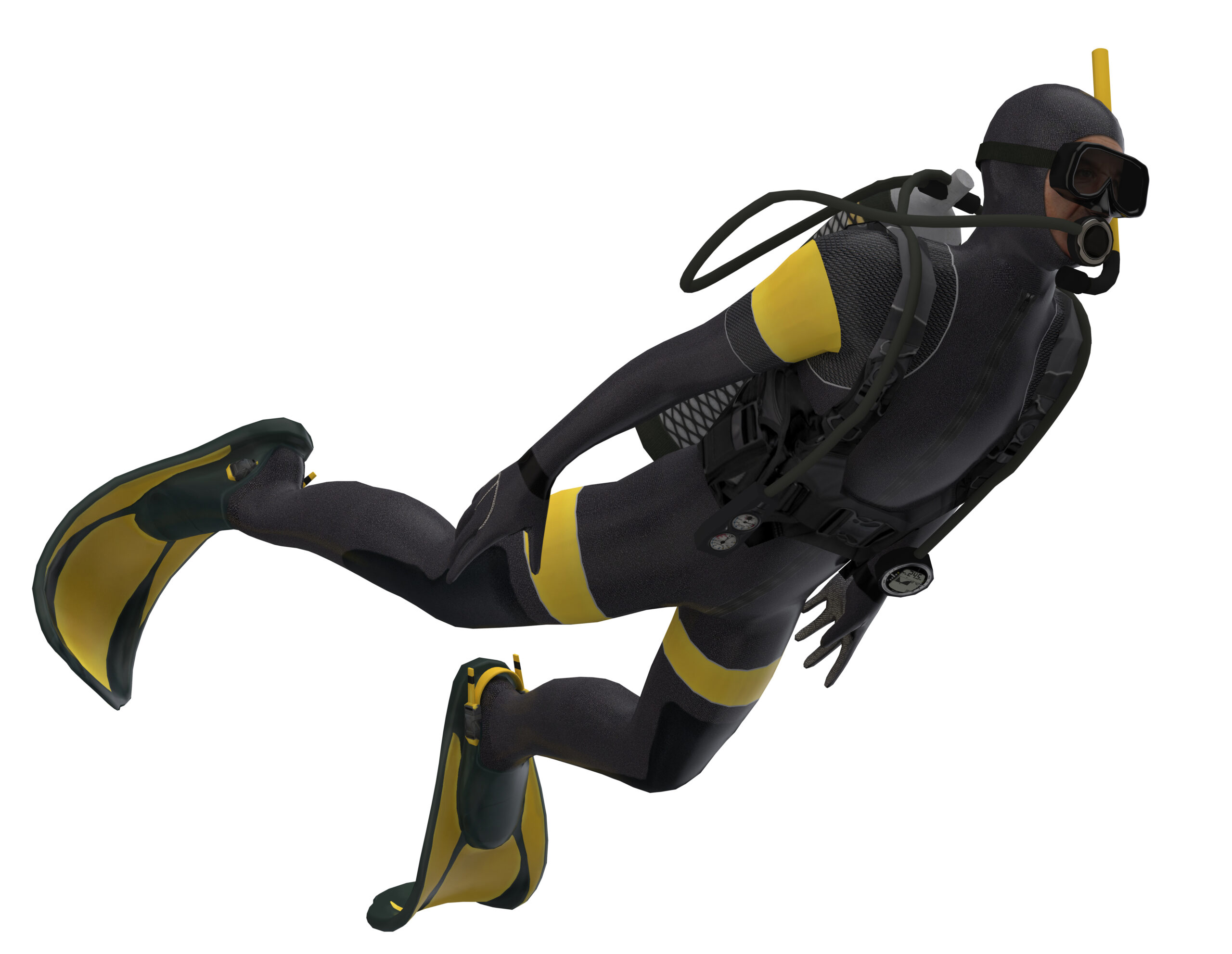 Diagonal view of isolated scuba diver white background ready cutout 3d rendering